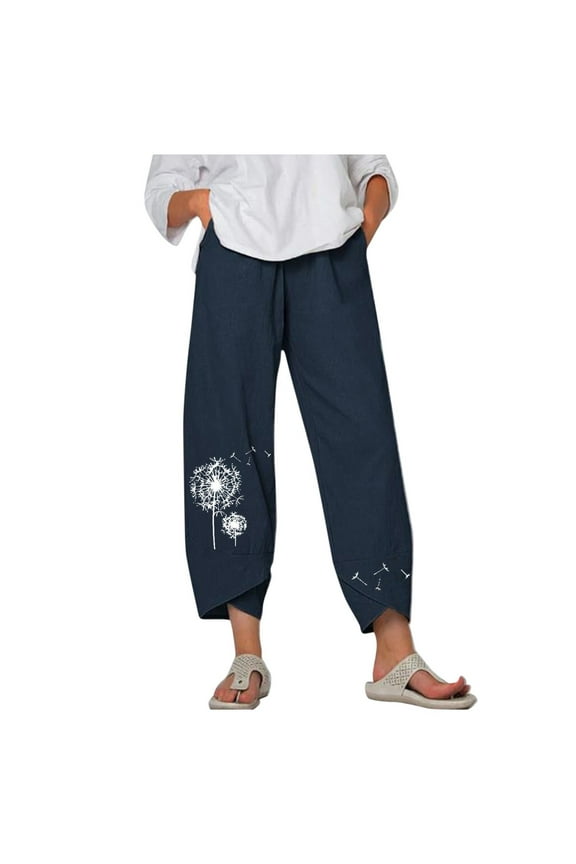 Wide Leg Pants for Women Casual Lightweight Cotton Linen Loose Embroidered Versatile Straight Lounge Trousers with Pockets Navy,S