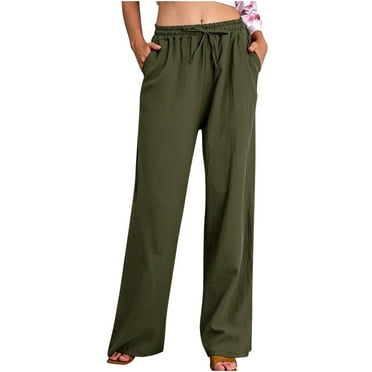 ibuvkizy Wide Leg Pants for Women High Waist Elastic Trousers Loose Casual Drawstring Long Straight Leg Pants Summer Trendy Trouser with Pocket Army Green,L