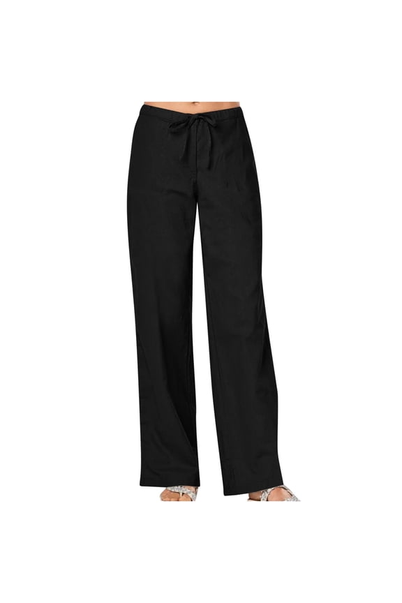 Wide Leg Pants for Women High Waist Elastic Trousers Loose Casual Drawstring Long Straight Leg Pants Summer Trendy Trouser with Pocket Black,L