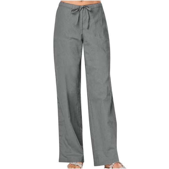 ibuvkizy Wide Leg Pants for Women High Waist Elastic Trousers Loose Casual Drawstring Long Straight Leg Pants Summer Trendy Trouser with Pocket Gray,M