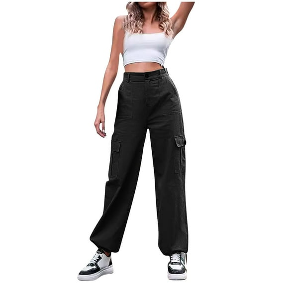 ibuvkizy Winter Cargo Pants Women,Fashionable Women's Casual Solid Color Button High Waist Wide Leg Work Pants Black,XL
