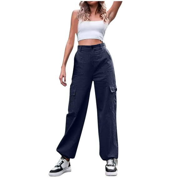 ibuvkizy Winter Cargo Pants Women Clearance! Fashionable Women's Casual Solid Color Button High Waist Wide Leg Work Pants Dark Blue,L