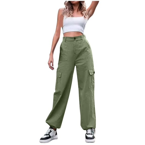 ibuvkizy Winter Cargo Pants Women Clearance! Fashionable Women's Casual Solid Color Button High Waist Wide Leg Work Pants Green,XL