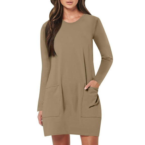 ibuvkizy Winter Dresses for Women 2025,Womens Midi Dresses Women's Casual Long Sleeved Dress with Pockets Long Sleeved Round Neck Knee Length Dress Khaki,L