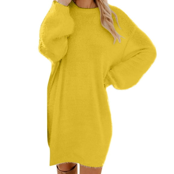 ibuvkizy Winter Dresses for Womens Midi Sweater Dresses Women's Medium Length Long Sleeved Round Neck Loose Plush Dress Yellow,XXL