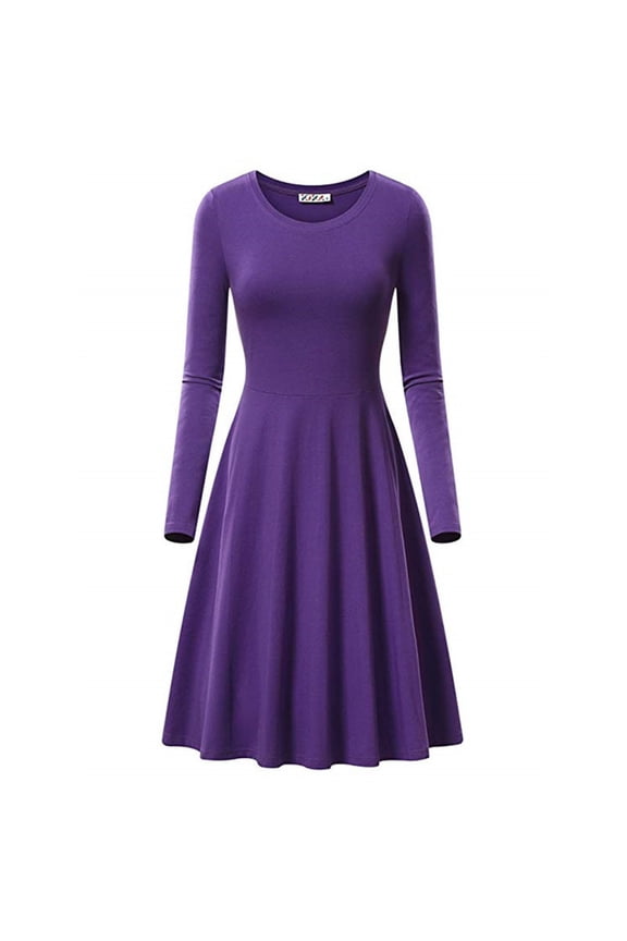 Winter Dresses for Women Elegant Temperament Solid Color Round Neck Long Sleeved Maxi Dress Purple,S