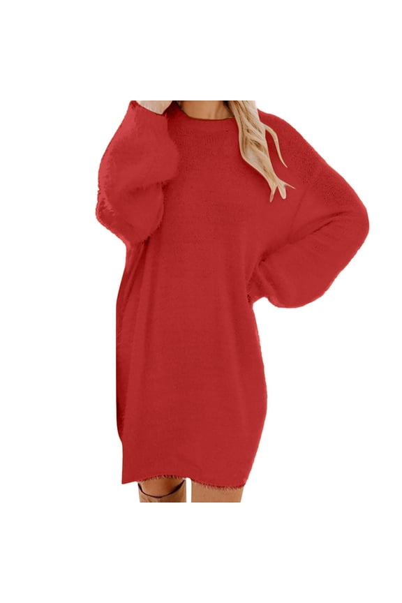 Winter Dresses for Womens Midi Sweater Dresses Women's Medium Length Long Sleeved Round Neck Loose Plush Dress Red,S