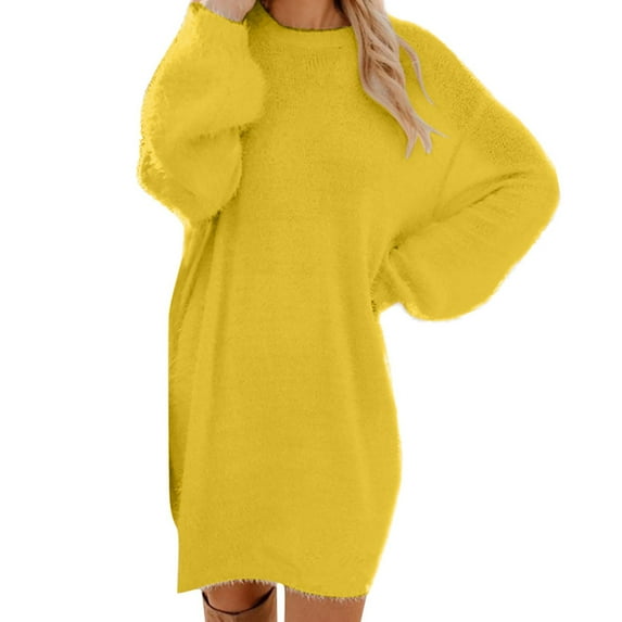 ibuvkizy Winter Dresses for Womens Midi Sweater Dresses Women's Medium Length Long Sleeved Round Neck Loose Plush Dress Yellow,L