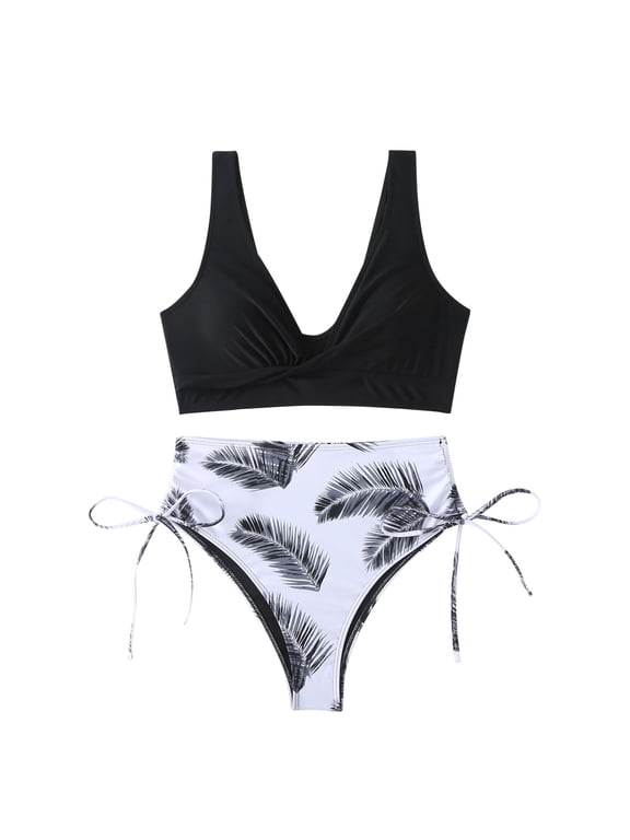 Women Bikini Swim Top Tankinis Swimsuits for Women,Fashion Leaf Print Sexy Split Two Piece Swimsuit Padded Swimsuit Tops Ladies Girls Summer