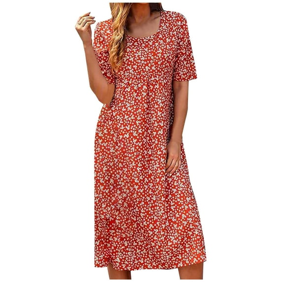 ibuvkizy Women Casual Dress Clearance Summer Fashion Maxi Dress Round Neck Print Short Sleeve Comfortable Loose Long Dress Beach Sundresses