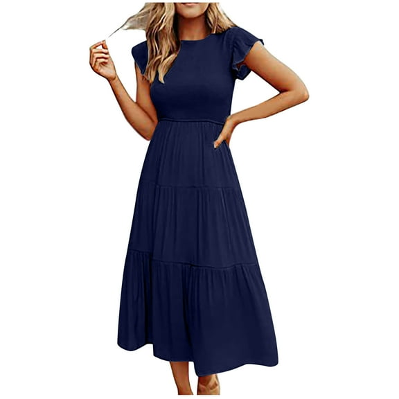 ibuvkizy Women Casual Dress Summer Fashion Temperament Maxi Dress Round Neck Solid Color Flying Sleeve Comfortable Loose Mid Length Dress Beach Sundresses
