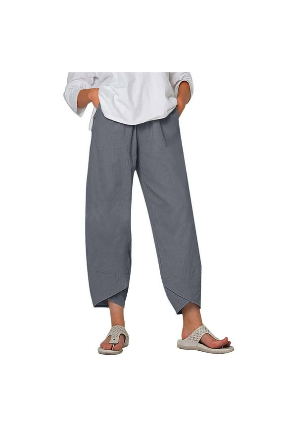 Women Cotton Linen Cropped Lounge Pants Comfy Wide Leg Solid Harem Trousers Casual Linen Lounge Pant with Pockets Gray,XXXXL