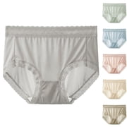 ibuvkizy Women Panties Mid Waist Silky Satin Brief Full Scalloped Lace Trim Elegant Feminine Daily Underwear,L
