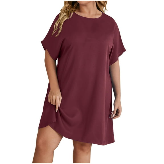 ibuvkizy Women Plus Size Casual Dress Summer Fashion Cotton And Linen Dress Round Neck Solid Color Short Sleeve Comfortable Loose Dress Beach Sundresses