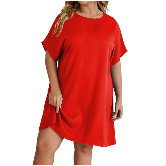 ibuvkizy Women Plus Size Casual Dress Summer Fashion Cotton And Linen Dress Round Neck Solid Color Short Sleeve Comfortable Loose Dress Beach Sundresses