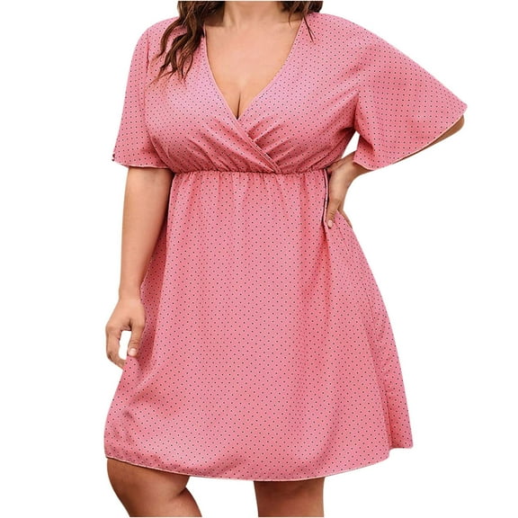 ibuvkizy Women Plus Size Casual Dress Summer Fashion Dress V Neck Printed Short Sleeve Comfortable Loose Dress Beach Sundresses