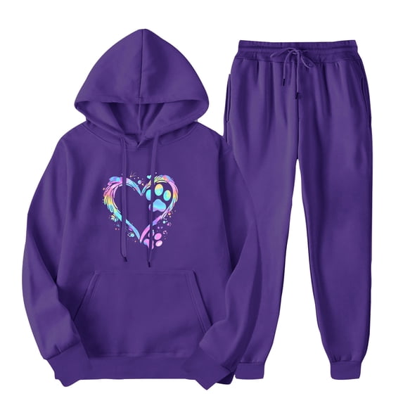 ibuvkizy Women Two Piece Outfits Sets Fall!Outfits Men's and Women's Sports Tracksuits Long Sleeve Pullover Hoodies Sweatshirt Loose Coat and Sweatpants Fall Winter Suit Purple,S