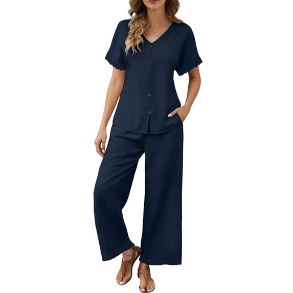 ibuvkizy Women's 2 Piece Casual Outfit Set V Neck Button Front Short Sleeve Tops with Lace Trim & Elastic Waist Cropped Wide Leg Pants with Pockets,Lightweight Linen Blend Summer Matching Suit