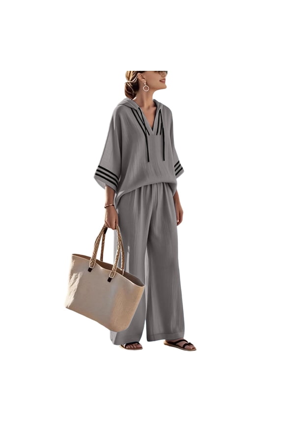 Women's 2 Piece Hooded Outfit Set,Striped Cuff 3/4 Sleeve V Neck Drawstring Hoodie Tops Pullover and Elastic Waist Wide Leg Pants,Casual Loose Linen Blend Vacation Loungewear Flowy