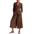 thumbnail image 1 of ibuvkizy Women's 2 Piece Linen Blend Suit Set,Notched Lapel Button Blazer Jacket Long Sleeve and Elastic Waist Wide Leg Cropped Culotte Pants with Pockets,Office Minimalist Business Casual Outfit, 1 of 9