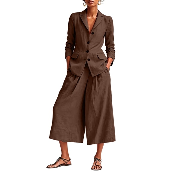 ibuvkizy Women's 2 Piece Linen Blend Suit Set,Notched Lapel Button Blazer Jacket Long Sleeve and Elastic Waist Wide Leg Cropped Culotte Pants with Pockets,Office Minimalist Business Casual Outfit