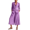 thumbnail image 1 of ibuvkizy Women's 2 Piece Linen Blend Suit Set,Notched Lapel Button Blazer Jacket Long Sleeve and Elastic Waist Wide Leg Cropped Culotte Pants with Pockets,Office Minimalist Business Casual Outfit, 1 of 9