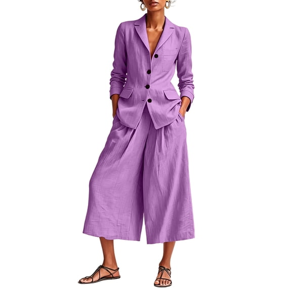 ibuvkizy Women's 2 Piece Linen Blend Suit Set,Notched Lapel Button Blazer Jacket Long Sleeve and Elastic Waist Wide Leg Cropped Culotte Pants with Pockets,Office Minimalist Business Casual Outfit