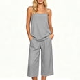thumbnail image 1 of ibuvkizy Women's 2 Piece Linen Outfit Set,Sleeveless Adjustable Spaghetti Strap Camisole Tops+Elastic Waist Cropped Wide Leg Capri Pants with Pockets,Casual Loose Loungewear for Summer Beach, 1 of 7