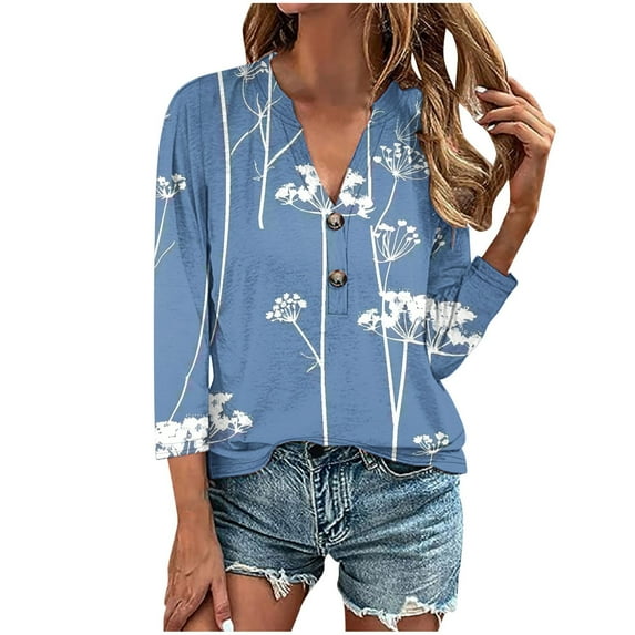 ibuvkizy Women's 2025 Fashion Button Shirts Summer Loose 3/4 Sleeve Tops Cute Print V-Neck Casual Blouses Button Up Shirts for Women,Sizes S-4XL
