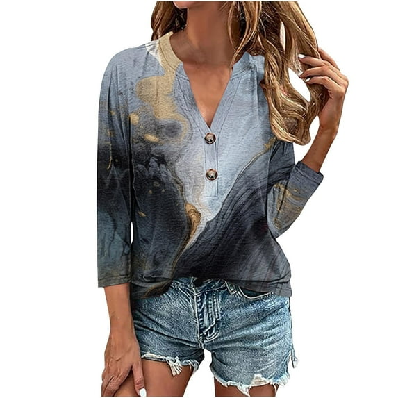 ibuvkizy Women's 2025 Fashion Button Shirts Summer Loose 3/4 Sleeve Tops Cute Print V-Neck Casual Blouses Button Up Shirts for Women,Sizes S-4XL