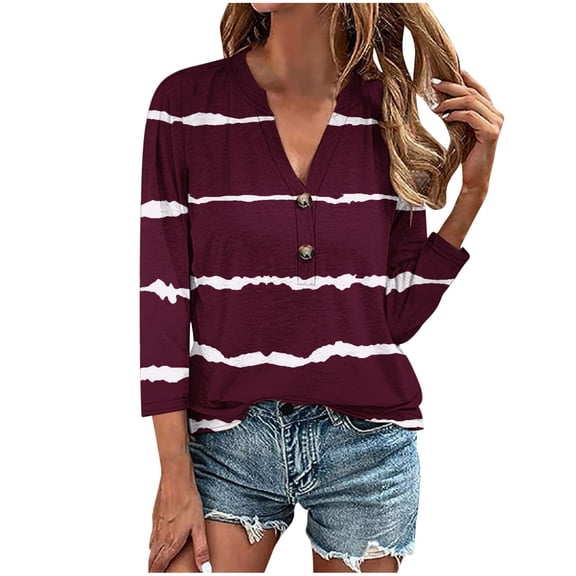 ibuvkizy Women's 2025 Fashion Button Shirts Summer Loose 3/4 Sleeve Tops Cute Print V-Neck Casual Blouses Button Up Shirts for Women,Sizes S-4XL