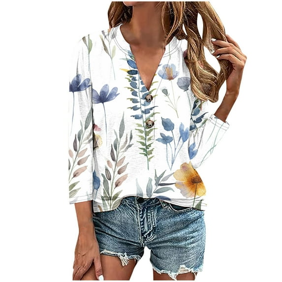 ibuvkizy Women's 2025 Fashion Button Shirts Summer Loose 3/4 Sleeve Tops Cute Print V-Neck Casual Blouses Button Up Shirts for Women,Sizes S-4XL