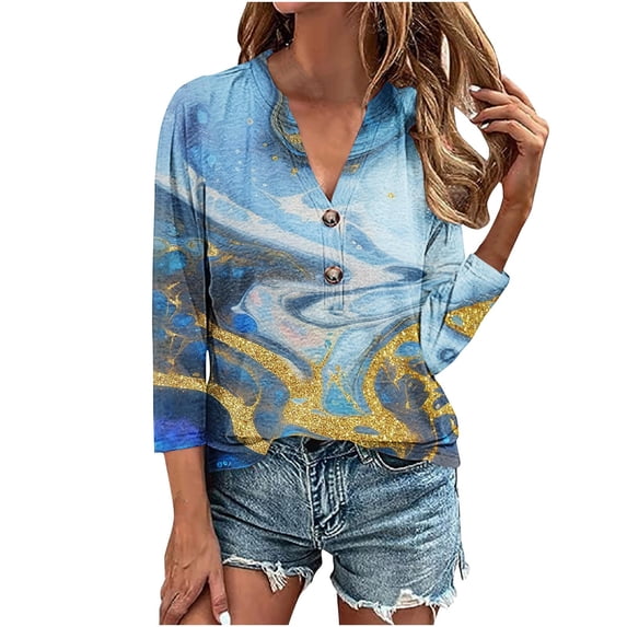 ibuvkizy Women's 2025 Fashion Button Shirts Summer Loose 3/4 Sleeve Tops Cute Print V-Neck Casual Blouses Button Up Shirts for Women,Sizes S-4XL