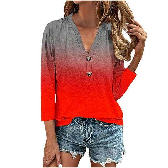 ibuvkizy Women's 2025 Fashion Button Shirts Summer Loose 3/4 Sleeve Tops Cute V-Neck Solid Casual Blouses Button Up Shirts for Women,Sizes S-4XL