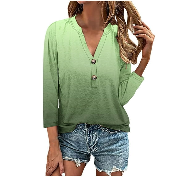 ibuvkizy Women's 2025 Fashion Button Shirts Summer Loose 3/4 Sleeve Tops Cute V-Neck Solid Casual Blouses Button Up Shirts for Women,Sizes S-4XL