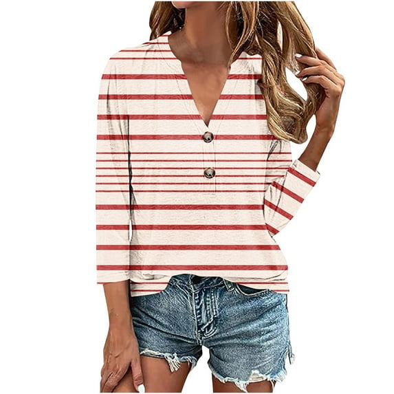 ibuvkizy Women's 2025 Fashion Button Shirts Summer Loose 3/4 Sleeve Tops Cute V-Neck Solid Casual Blouses Button Up Shirts for Women,Sizes S-4XL