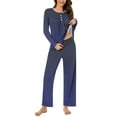thumbnail image 1 of ibuvkizy Women's Pajama Sets,Women Fashionable and Casual Loose Printed Round Neck Button Up Long Sleeved Pants Pajama Set Navy,S, 1 of 7