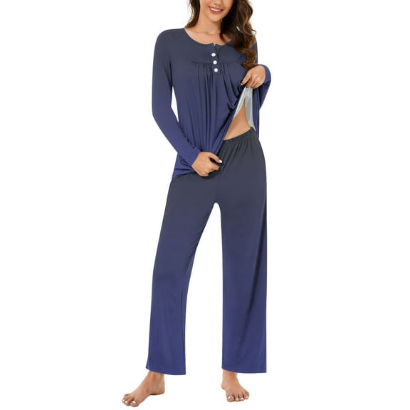 ibuvkizy Women's Pajama Sets,Women Fashionable and Casual Loose Printed Round Neck Button Up Long Sleeved Pants Pajama Set Navy,XL