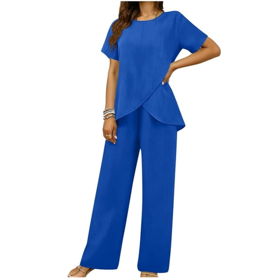 ibuvkizy Women's Two Piece Sets Outfits Summer Matching Lounge Sets Asymmetrical Split Short Sleeve Tops and Wide Leg Pants