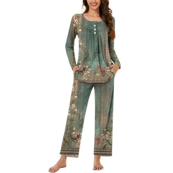 ibuvkizy Women's Winter Pajama Sets,Women Fashionable and Casual Loose Printed Round Neck Button Up Long Sleeved Pants Pajama Set Army Green,S