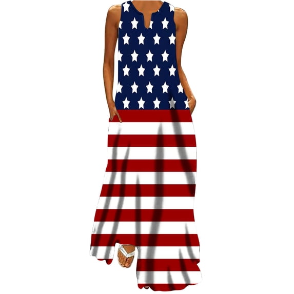 ibuvkizy Womens 4th of July Maxi Dresses Casual Red White Blue Dress Stars Graphic Sleeveless Dresses Trendy Independence Day V Neck Summer Dresses for Women 2025 Blue XXL