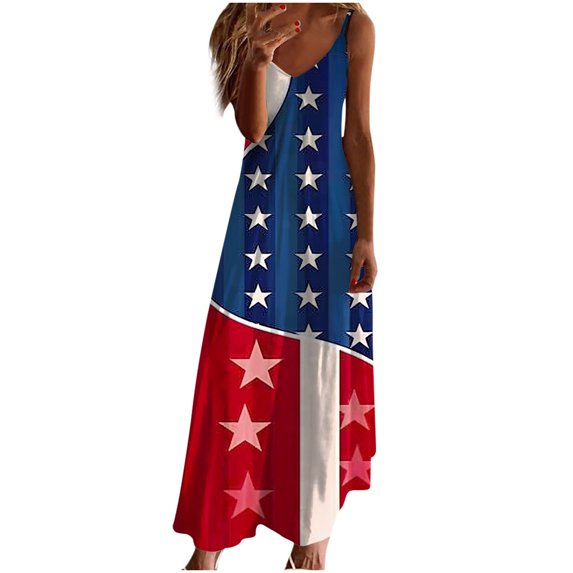 ibuvkizy Womens 4th of July Maxi Dresses Clearance Casual Independence Day Dress for Women Stars Graphic Sleeveless Dresses Trendy Red White Blue V Neck Summer Dresses for Women 2024 Red M