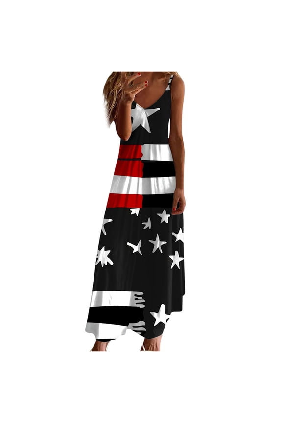 Womens 4th of July Maxi Dresses Casual Red White Blue Dress Stars Graphic Sleeveless Dresses Trendy Independence Day V Neck Summer Dresses for Women 2025 Red M