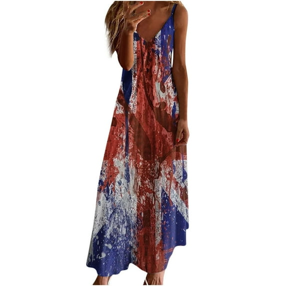 ibuvkizy Womens 4th of July Maxi Dresses Casual Red White Blue Dress Stars Graphic Sleeveless Dresses Trendy Independence Day V Neck Summer Dresses for Women 2025 Blue M