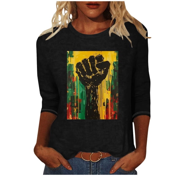 ibuvkizy Womens Black History Month 3/4 Sleeve T-shirts Ladies' Black Month Fashion Printed Round Neck 3/4 Sleeve T-shirt Loose Top,Black,XXXL