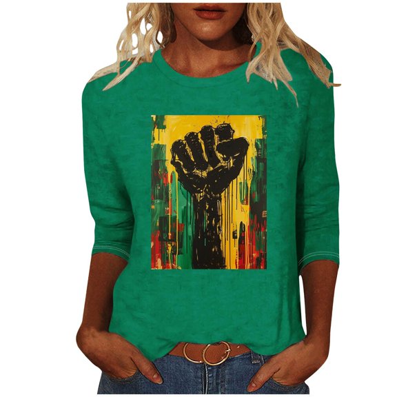 ibuvkizy Womens Black History Month 3/4 Sleeve T-shirts Ladies' Black Month Fashion Printed Round Neck 3/4 Sleeve T-shirt Loose Top,Green,S