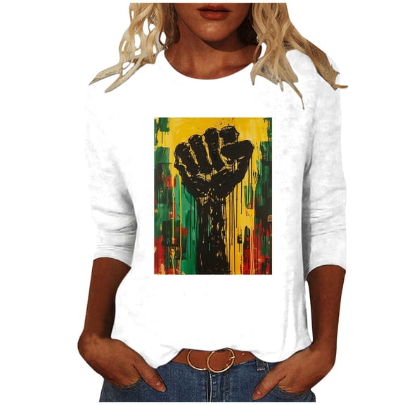 ibuvkizy Womens Black History Month 3/4 Sleeve T-shirts Ladies' Black Month Fashion Printed Round Neck 3/4 Sleeve T-shirt Loose Top,White,L
