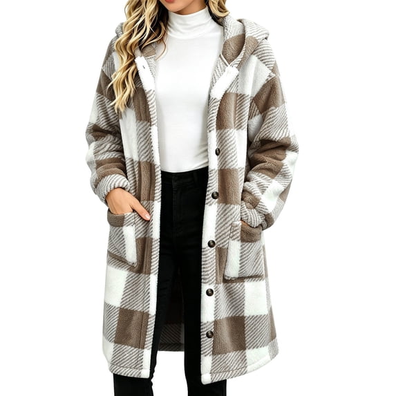 ibuvkizy Womens Buffalo Plaid Fuzzy Long Fleece Coat,Lapel Collar Button Up Teddy Sherpa Warm Oversized Winter Hooded Outer Jacket with Pockets,2XL