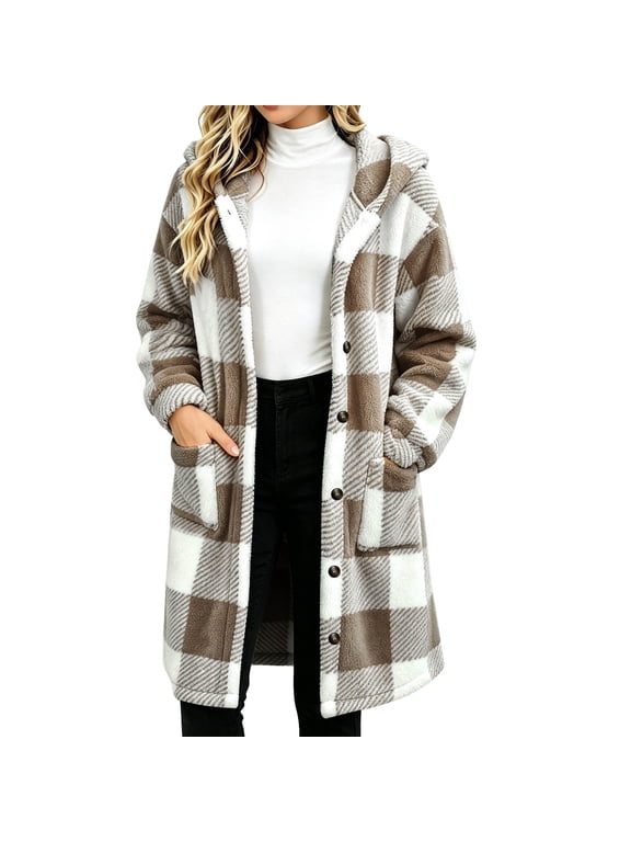 Womens Buffalo Plaid Fuzzy Long Fleece Coat,Lapel Collar Button Up Teddy Sherpa Warm Oversized Winter Hooded Outer Jacket with Pockets,S