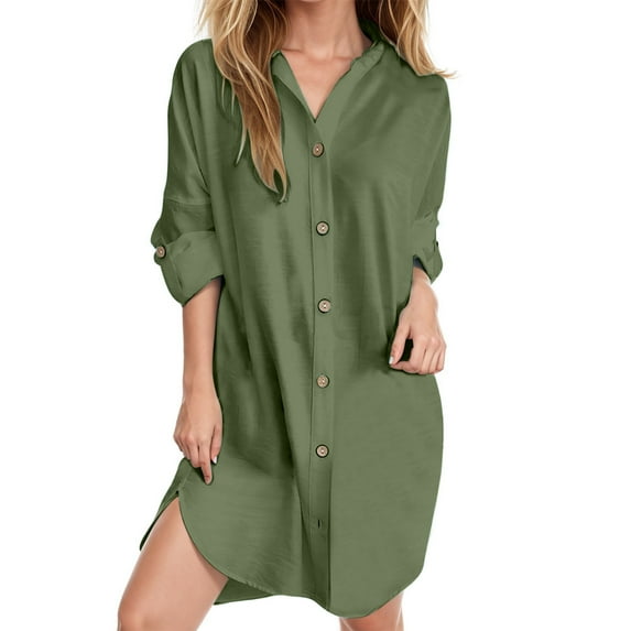ibuvkizy Womens Fall Dresses,Midi Dresses for Women Casual Long Sleeved Lapel Button Up Shirt Solid Color Dress Green,M